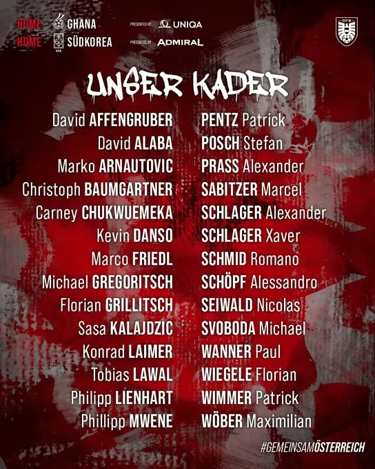 奥地利大名单：德甲多人领衔，转籍的万纳+楚克乌梅卡均入选